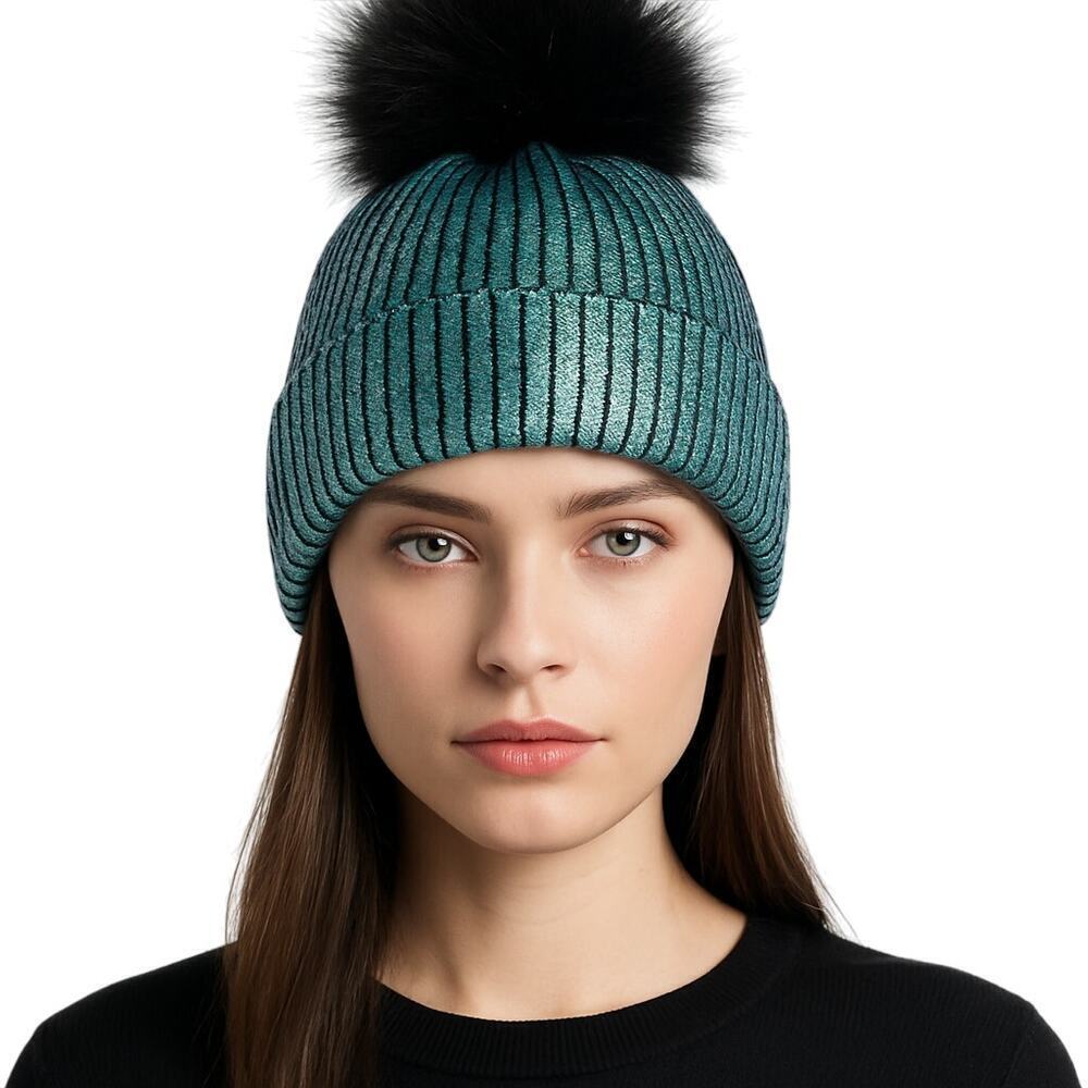 Adrienne Landau Sequin Beanie Hat OS Black Fox Fur Pom Metallic Iridescent NWOT